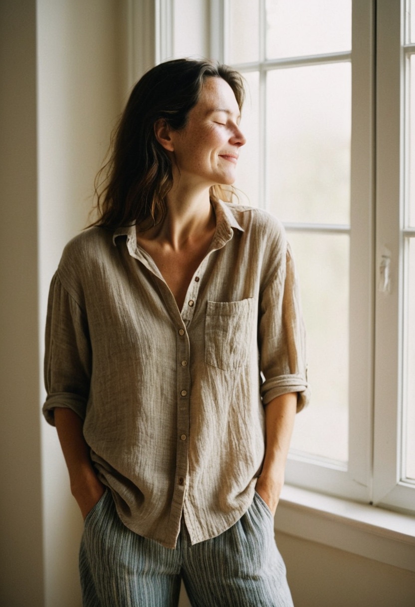 A woman standing in soft window light at home