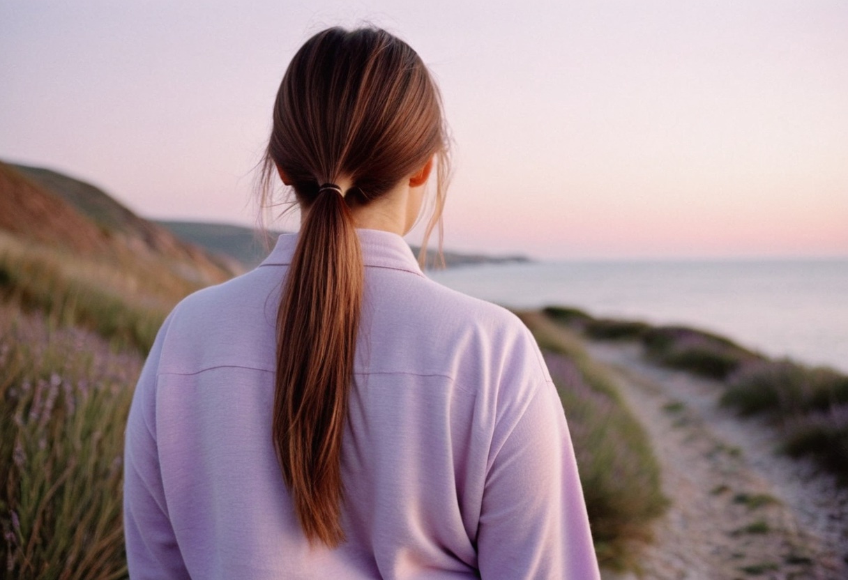 A woman's full, healthy ponytail catching the light