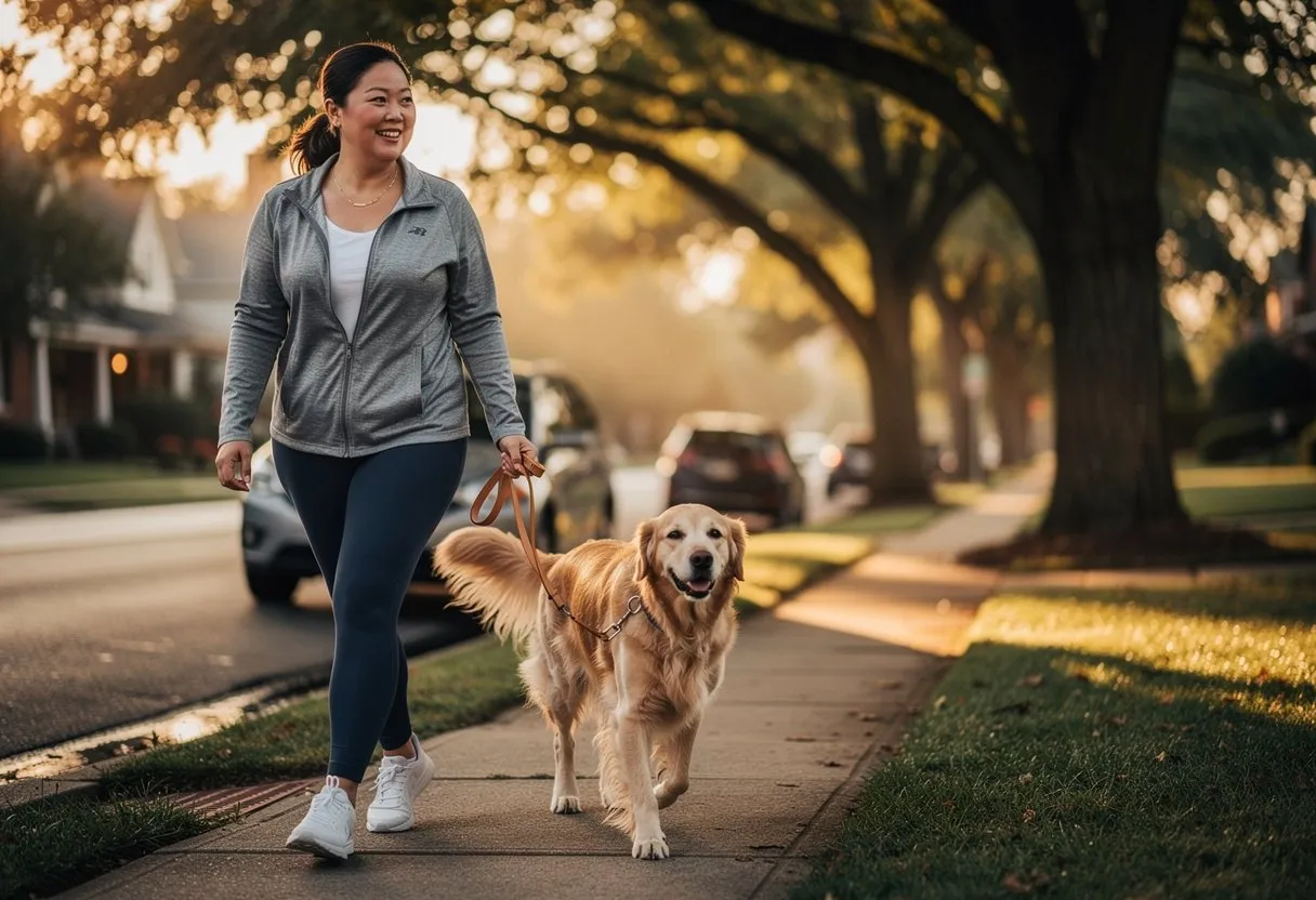 A woman walking her golden retriever on a tree-lined street at sunrise