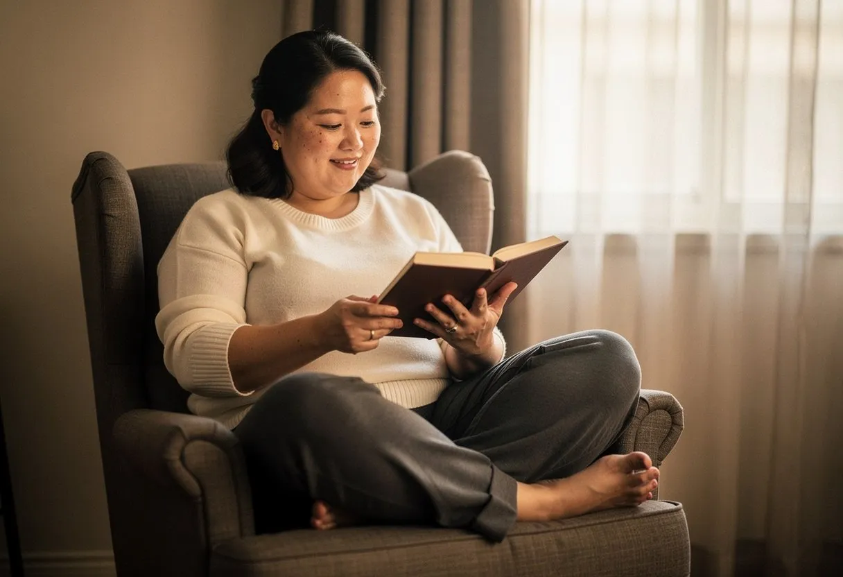 A woman reading a book in an armchair at home