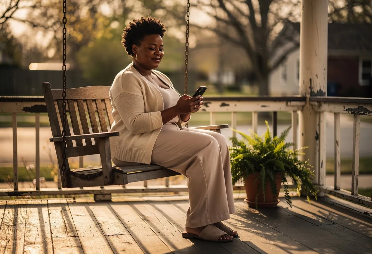 A woman reading on her phone on a porch swing at golden hour