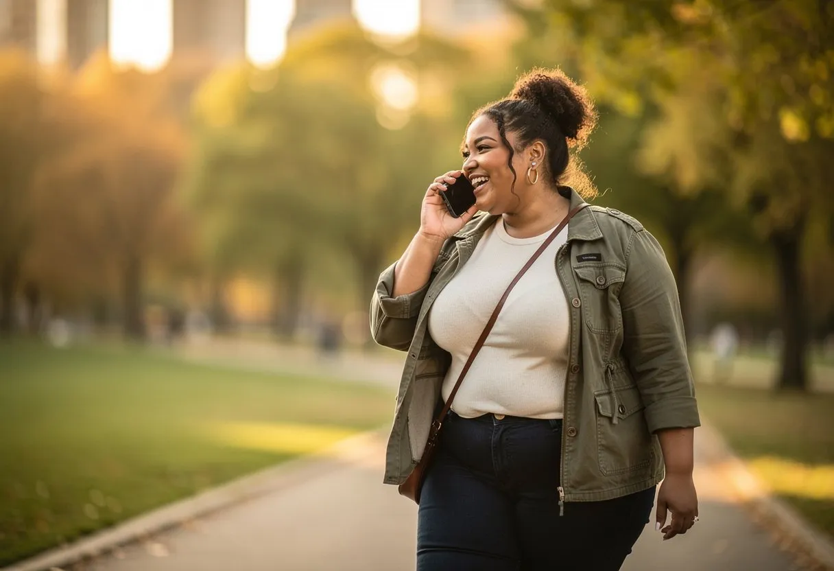 A woman laughing on a phone call as she walks through a park at golden hour