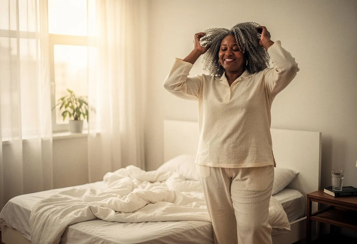 A woman with silver-streaked curls smiling as she fluffs her hair in a sunny bedroom