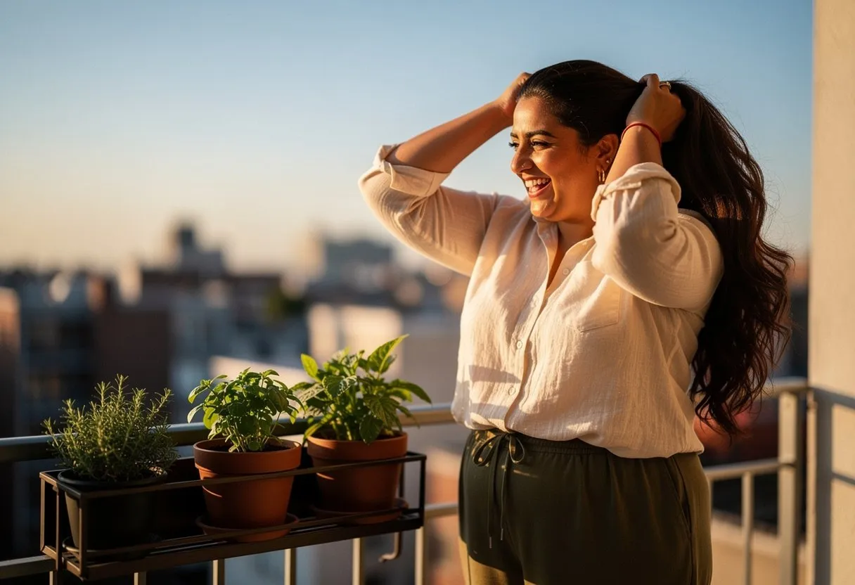 A woman laughing as she gathers her long dark hair on a sunny balcony