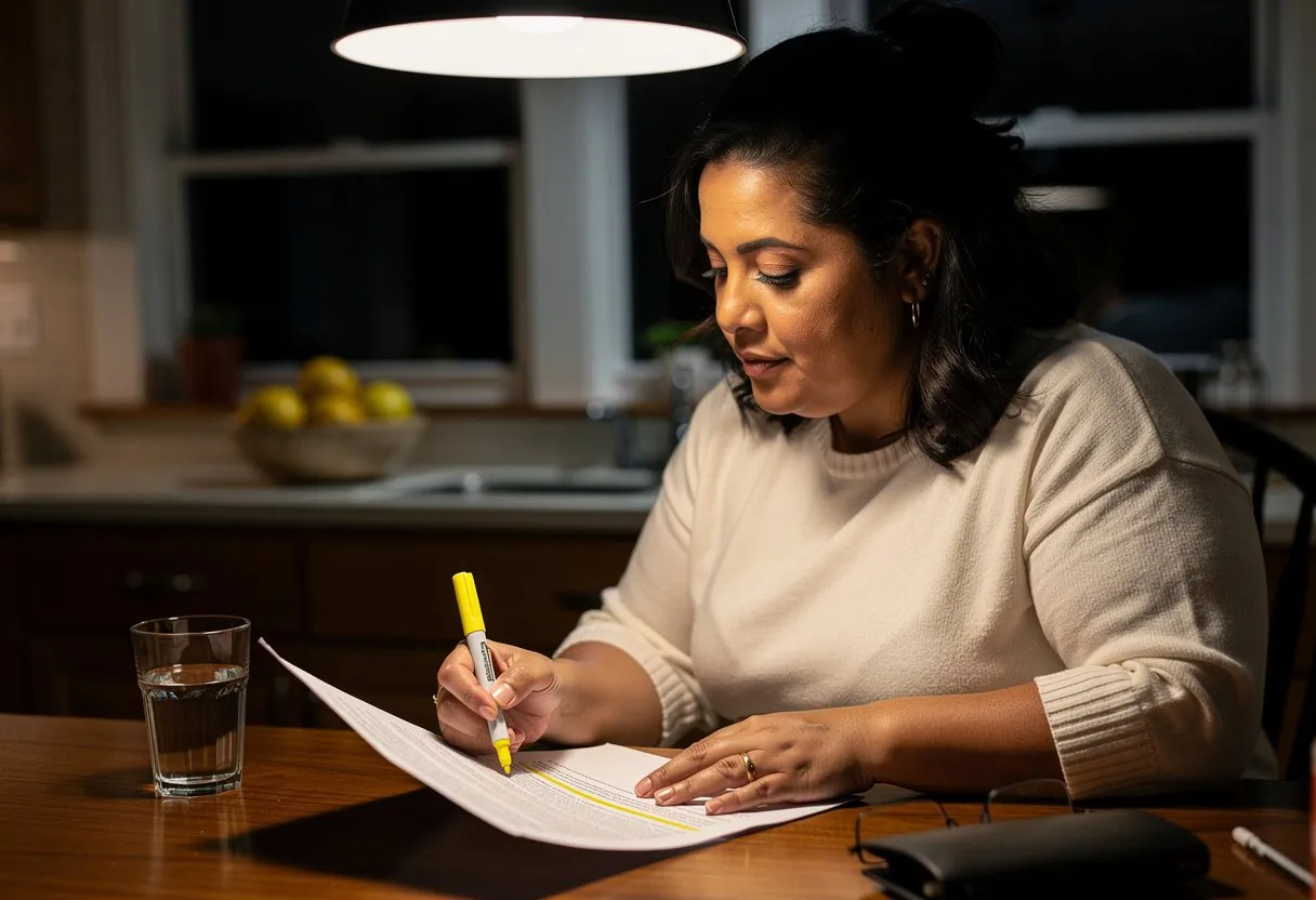A woman highlighting a printed article at her kitchen table in the evening