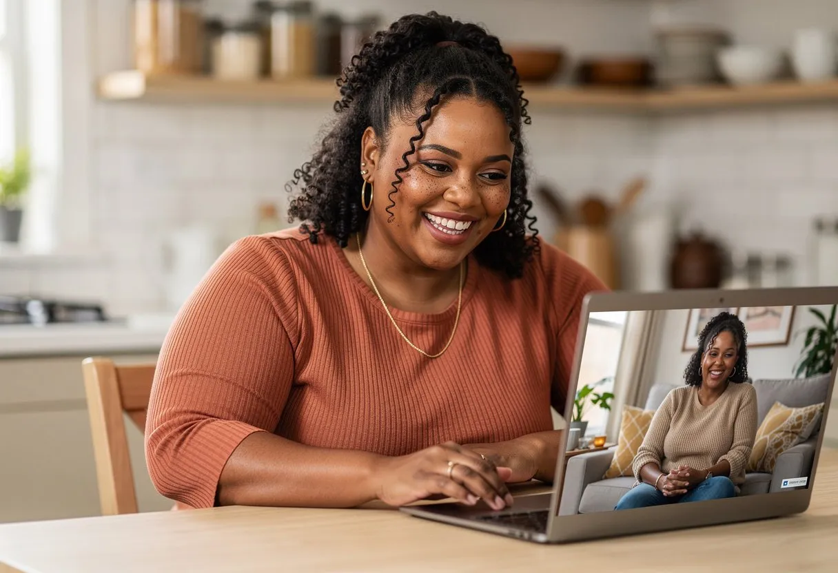 A woman laughing on a video call with a care coach at her kitchen table