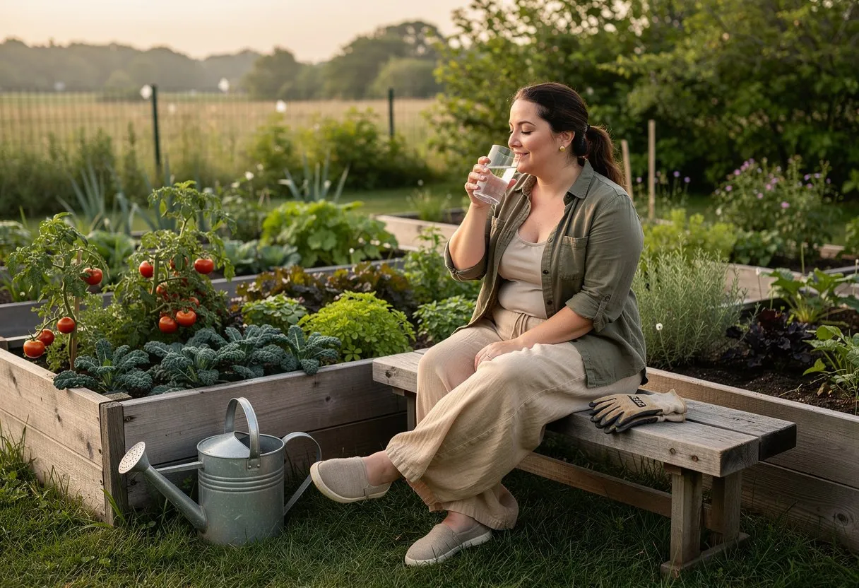 A woman taking a water break on a bench in her vegetable garden