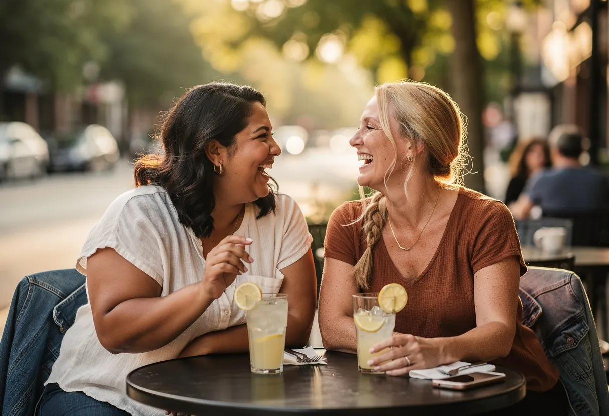 Two friends laughing over lemonade at an outdoor café table