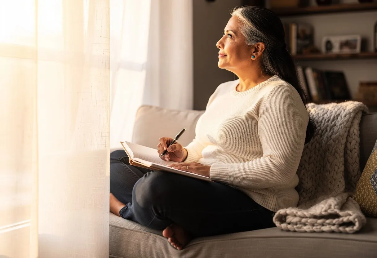 A woman journaling on a sunlit window seat, looking ahead