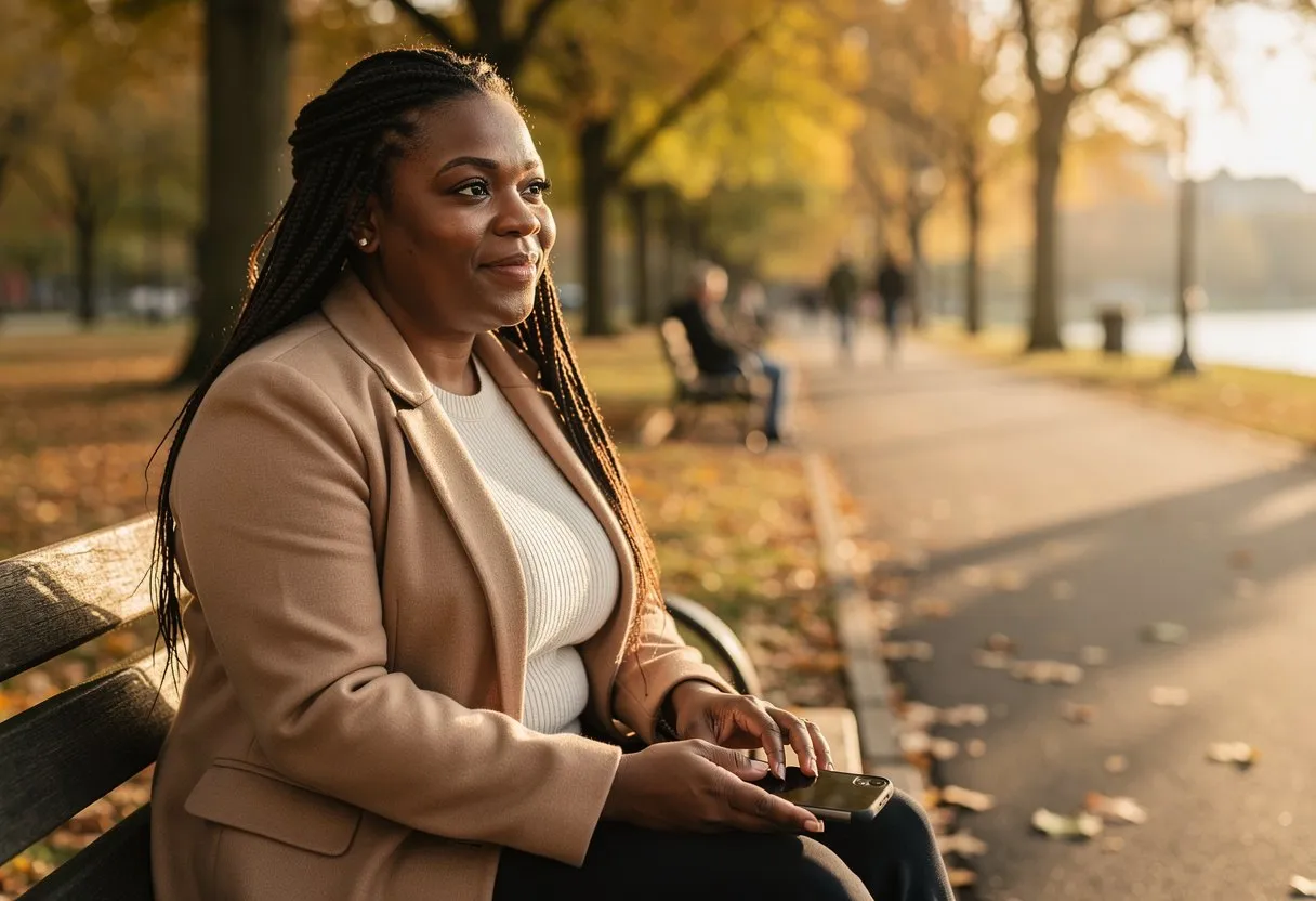 A woman sitting on a park bench, thinking it over