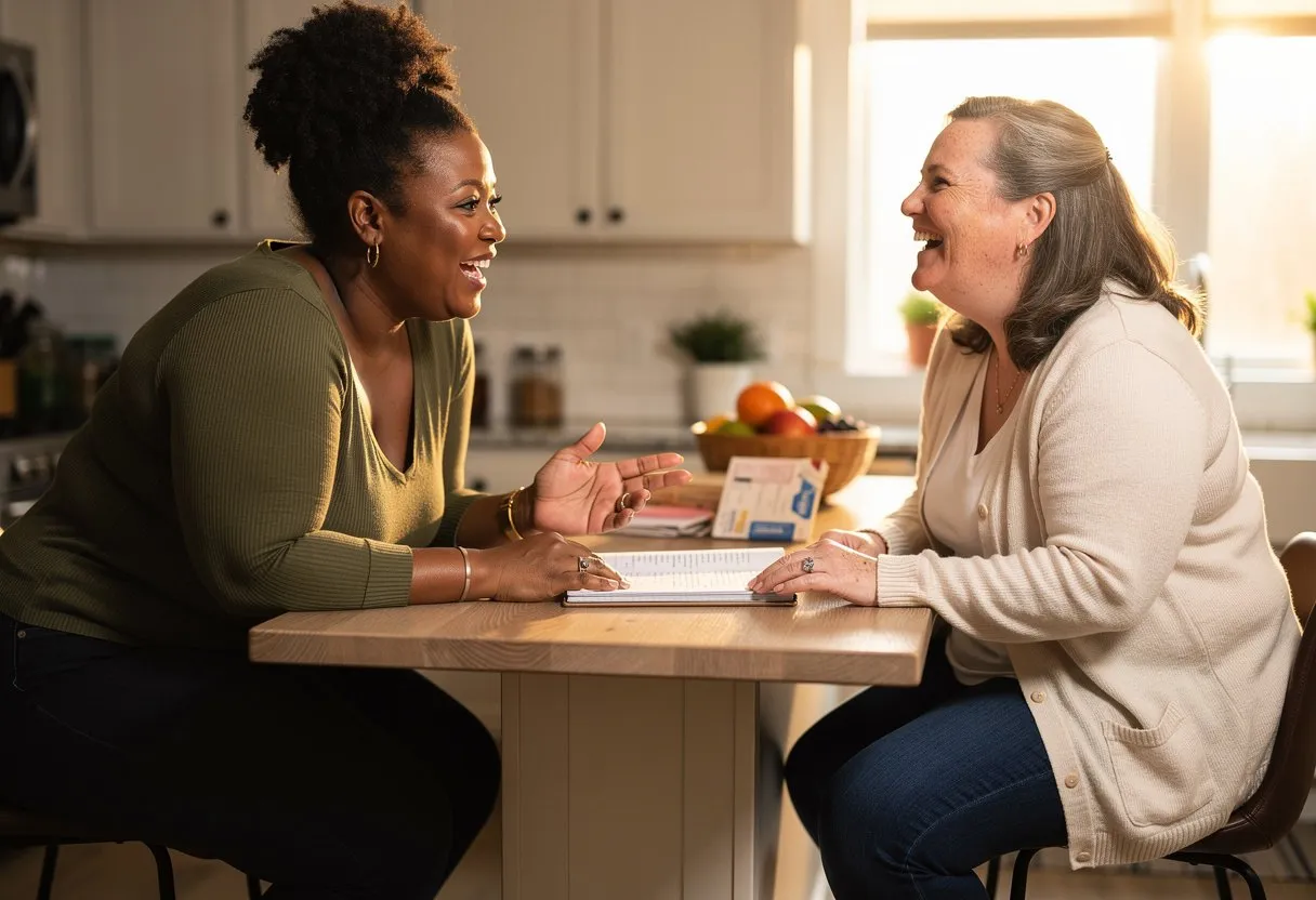 Two friends talking and laughing at a kitchen island