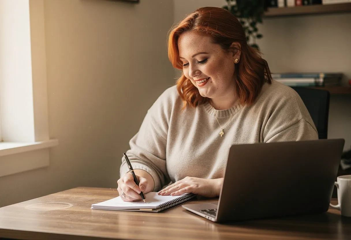 A woman smiling as she writes notes at her desk