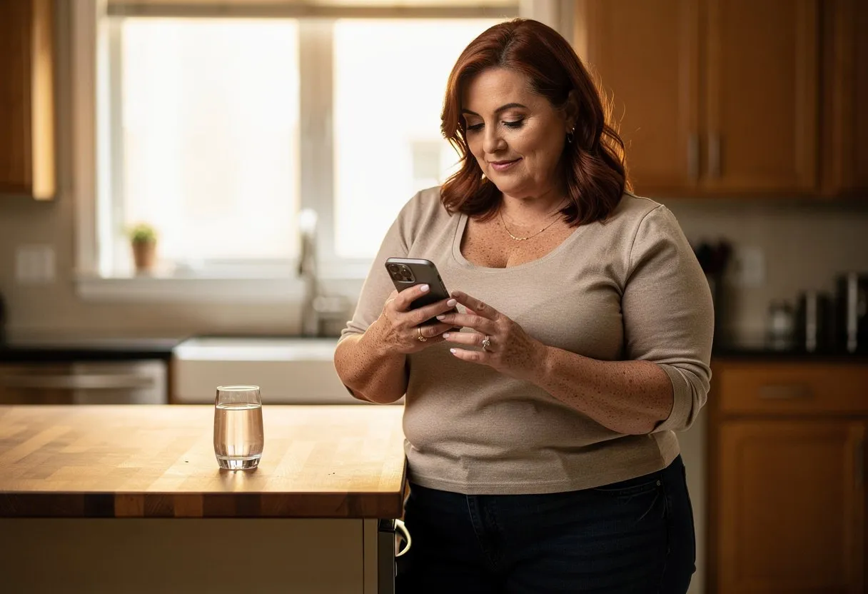 A woman reading an article on her phone in her kitchen