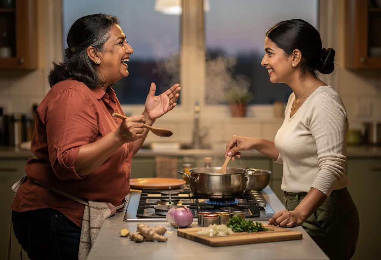 Two sisters cooking and laughing together in a home kitchen