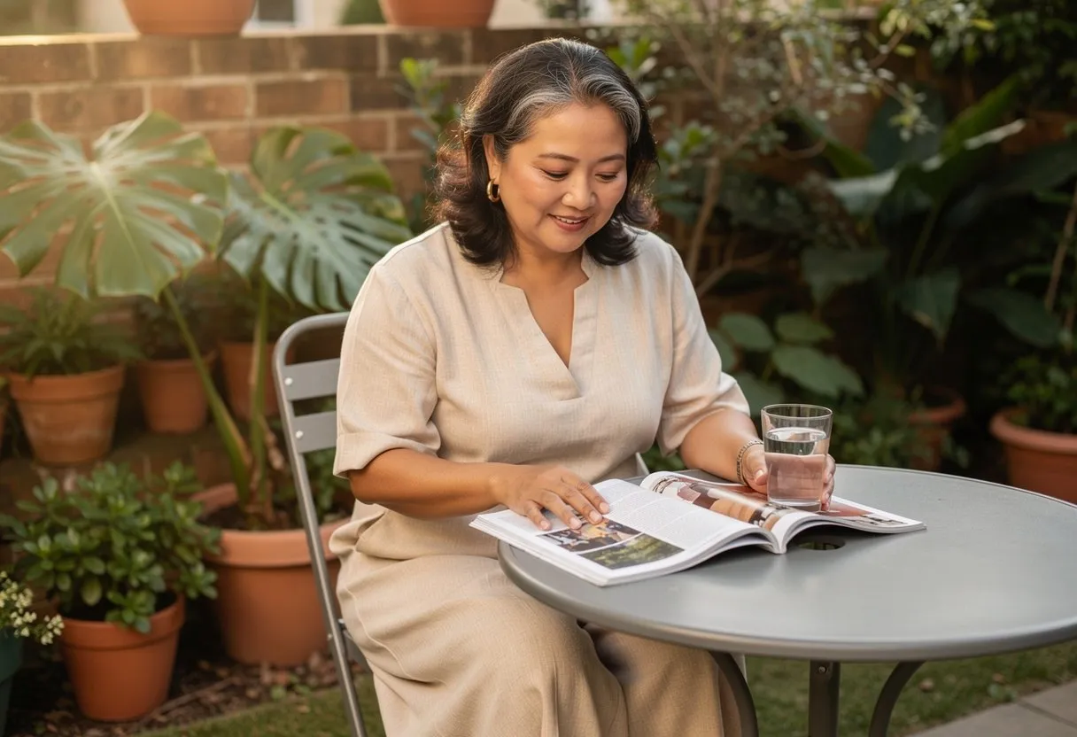 A woman reading a magazine at a garden table among potted plants