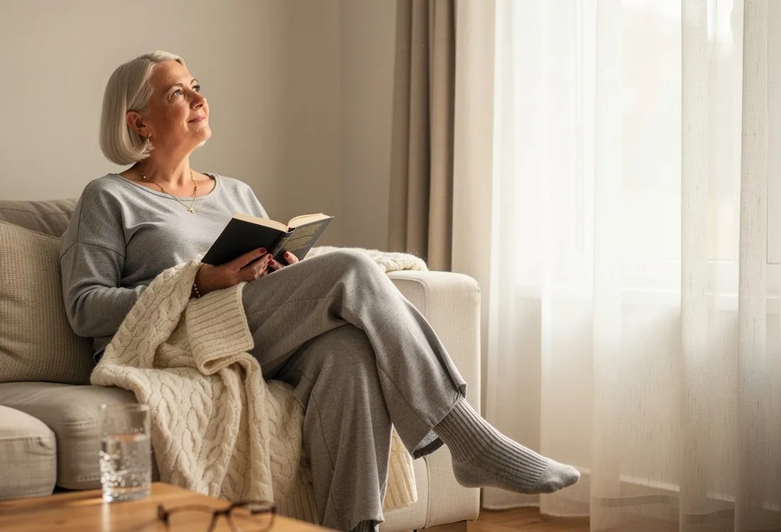 A woman resting on her sofa under a knit throw with a book