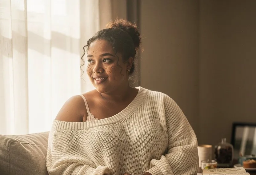 A woman relaxing at home in soft afternoon light