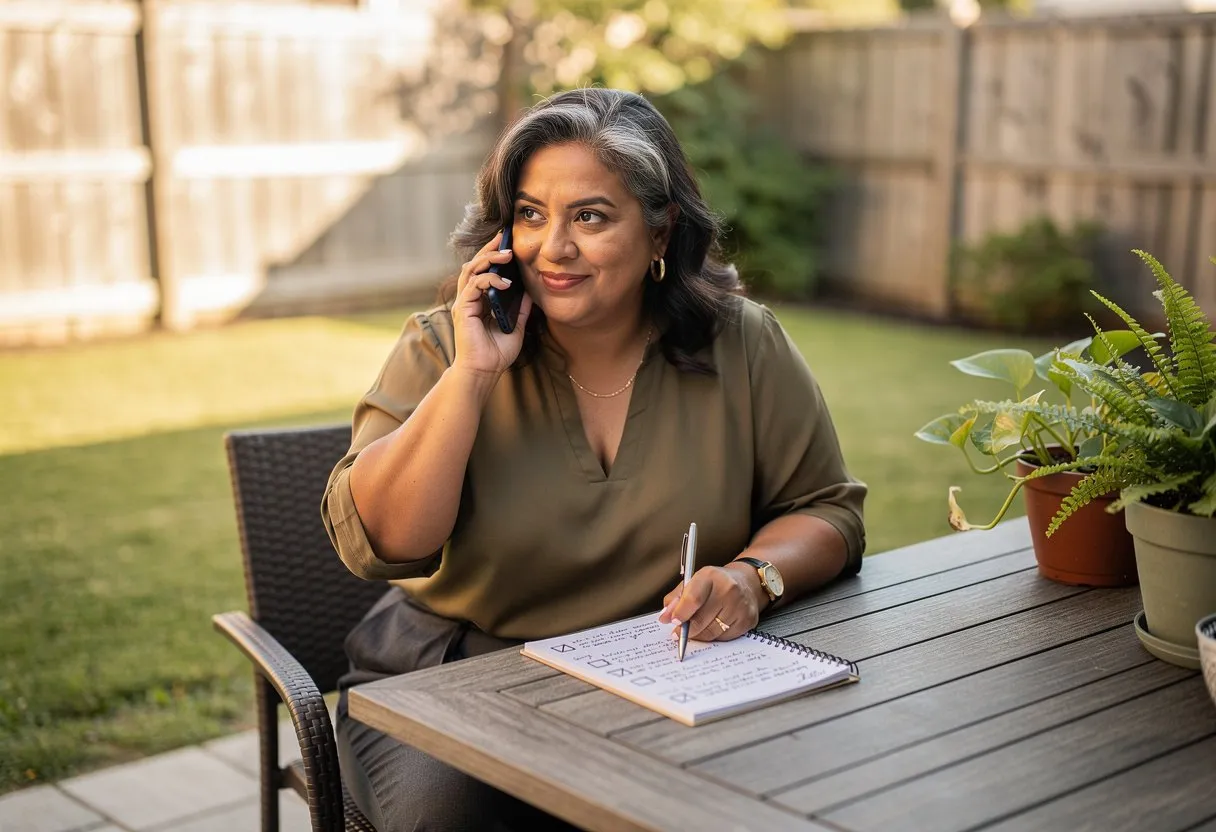 A woman on a phone call taking notes at her backyard patio table