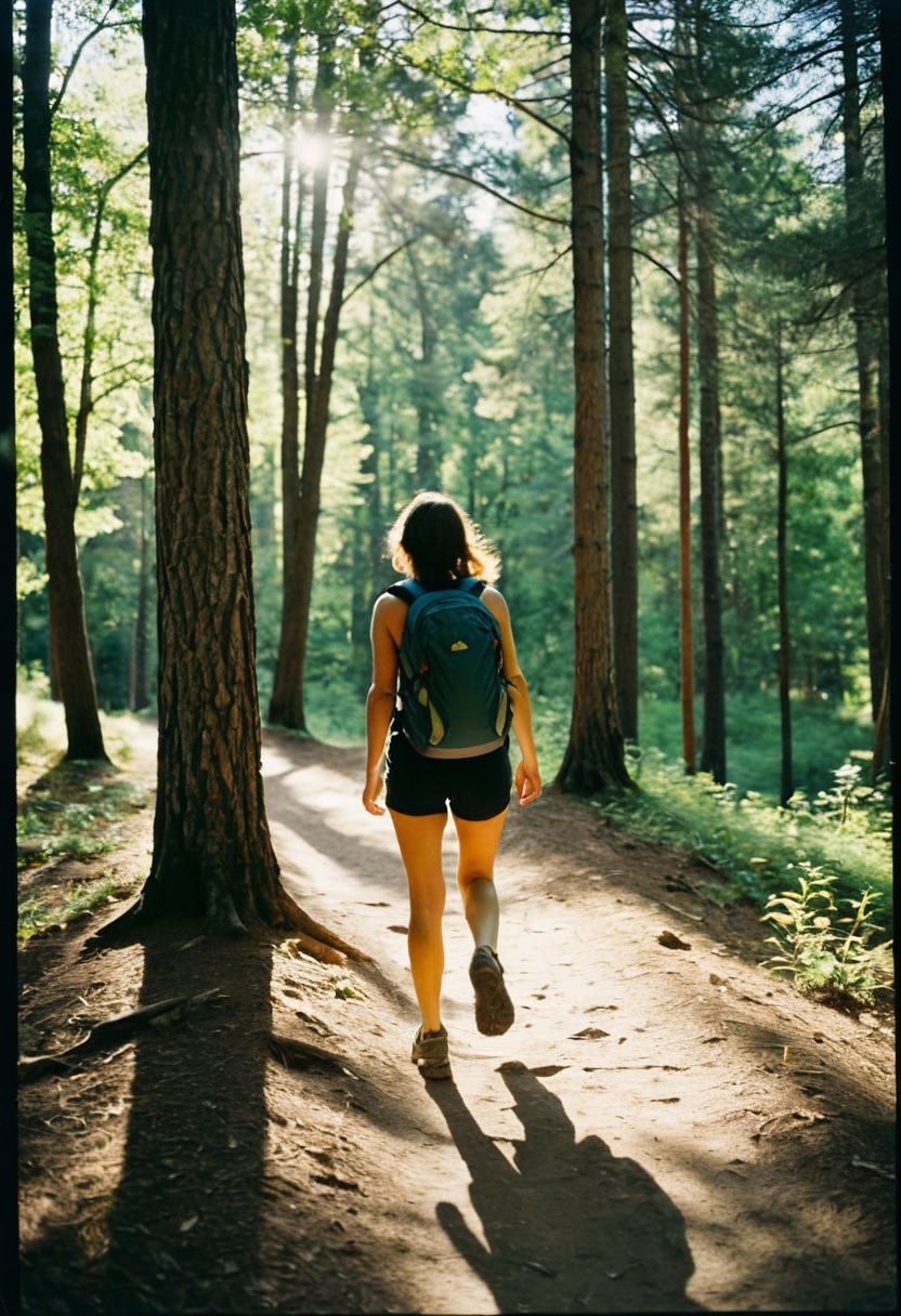 A woman walking a sunlit tree-lined trail