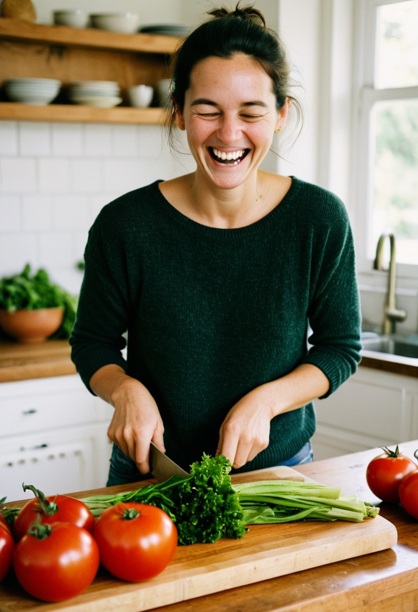 A woman laughing while chopping fresh vegetables